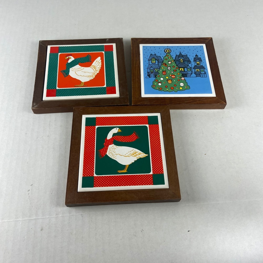 Vintage JASCO Wood Framed Trivets Wall Hanging Christmas Goose Tree Set